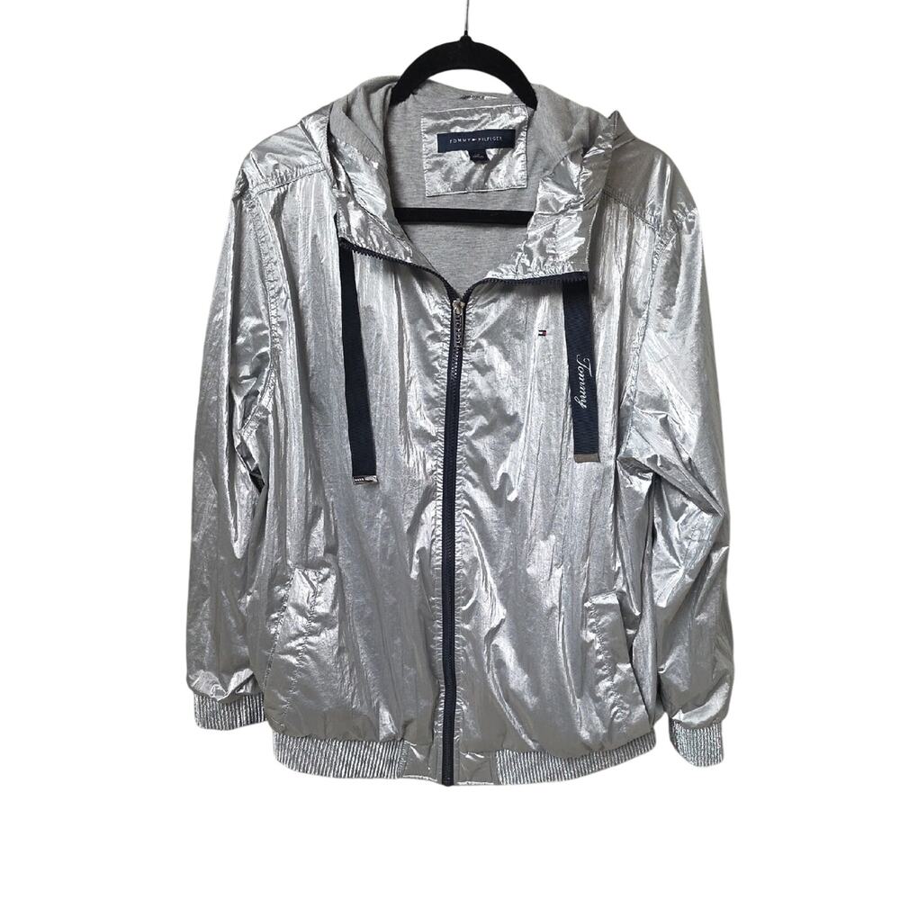 Tommy Hilfiger Womens Silver Hooded Windbreaker Jacket Size Small